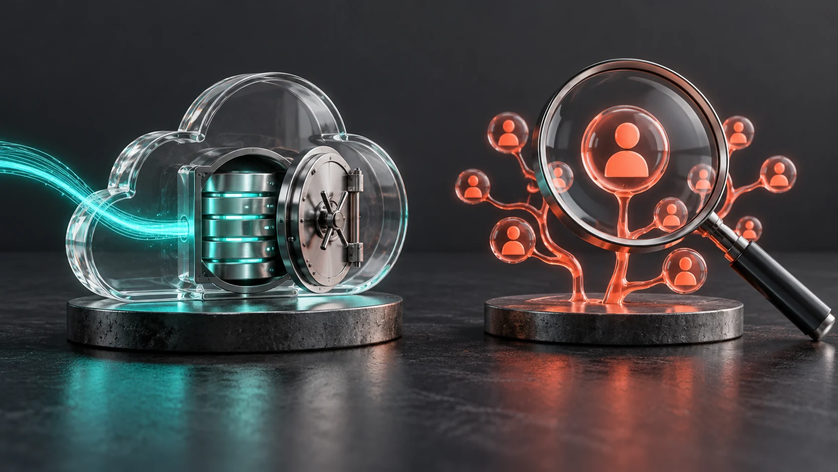 Conceptual cloud backup vault with a renewed connection beside a separate magnifying glass examining application identity nodes.