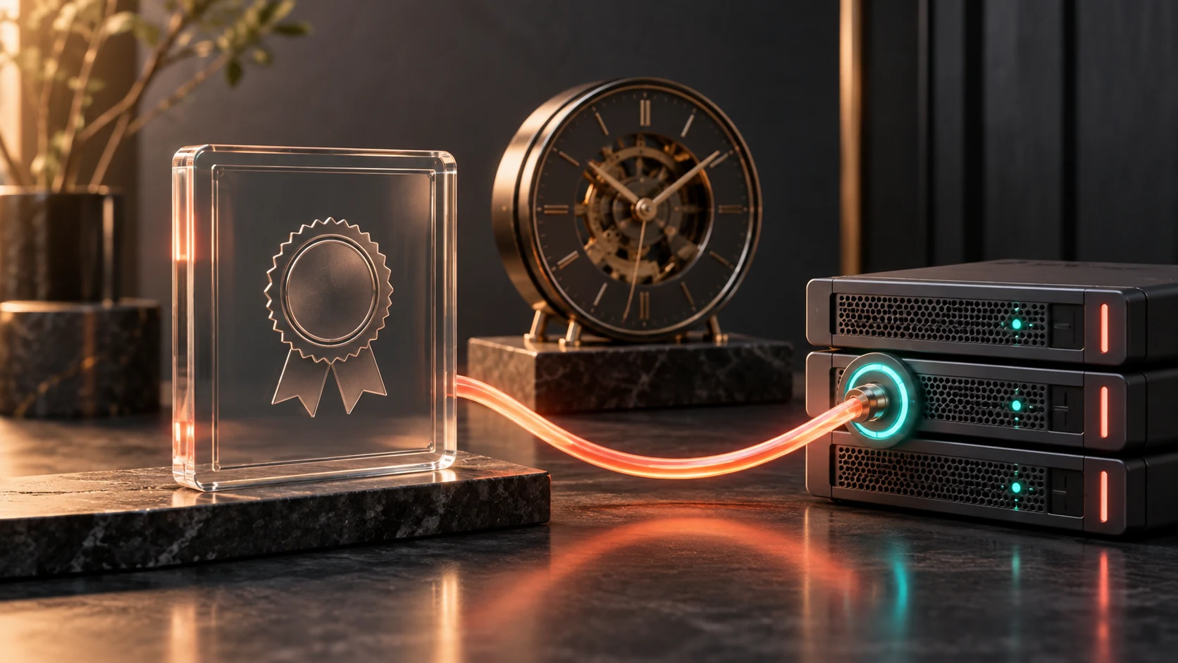 Conceptual certificate tile beside a clock and server stack, linked by an illuminated connection representing renewal and endpoint verification.